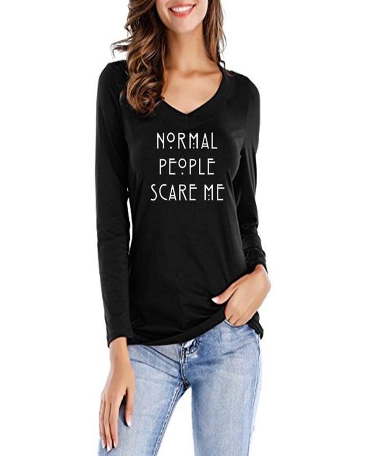 Black Normal People Scare Me Printed T-Shirt For Her - Front View - AceCart