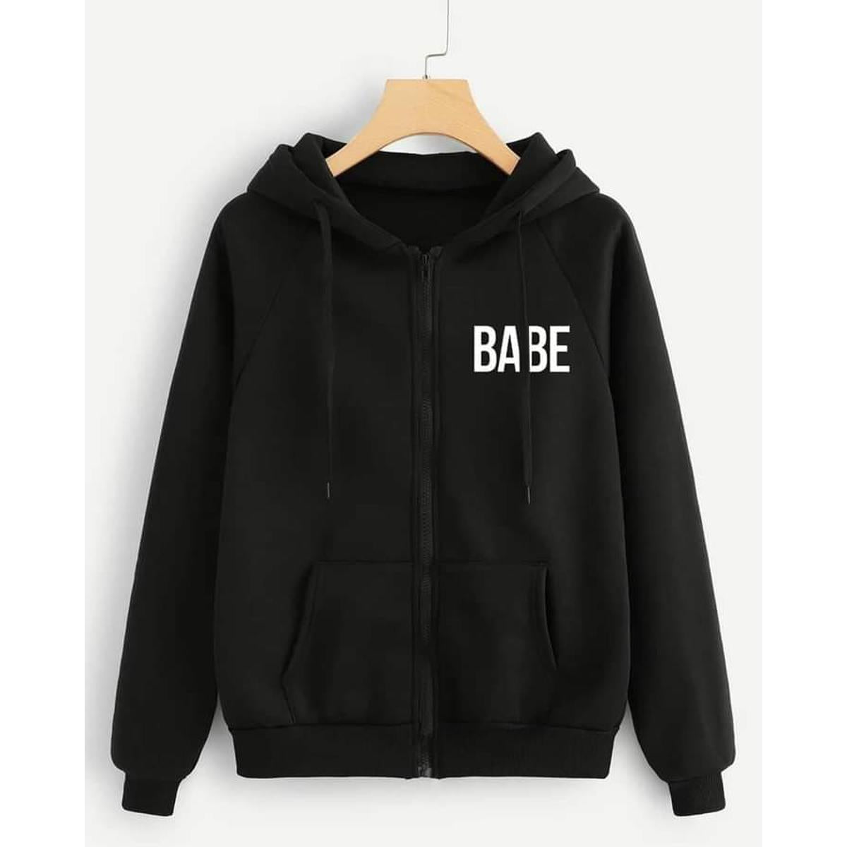 Black Babe Fleece Full Sleeves Zipper Hoodie For Women