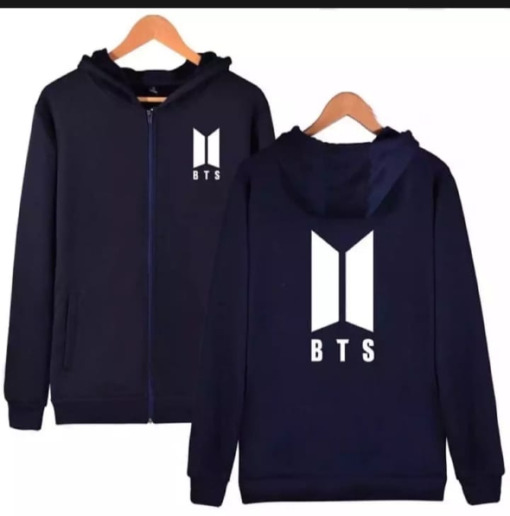 Navy Blue BTS Fleece Full Sleeves Zipper Hoodie For Women