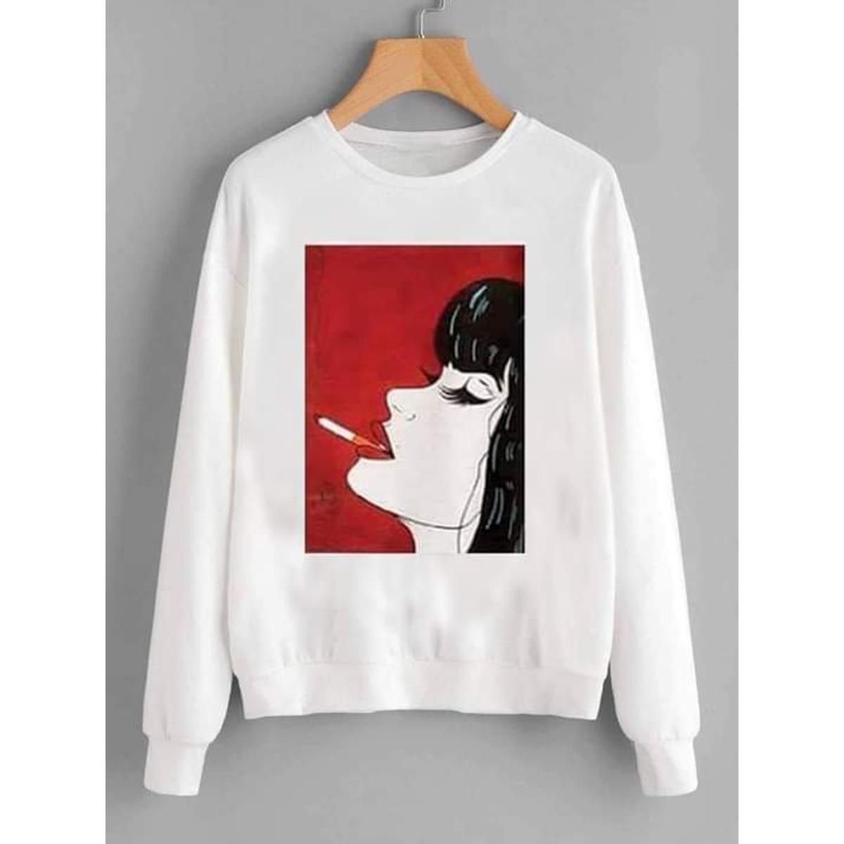 White Badass Girl Fleece Full Sleeves Pull Over Sweatshirt For Women