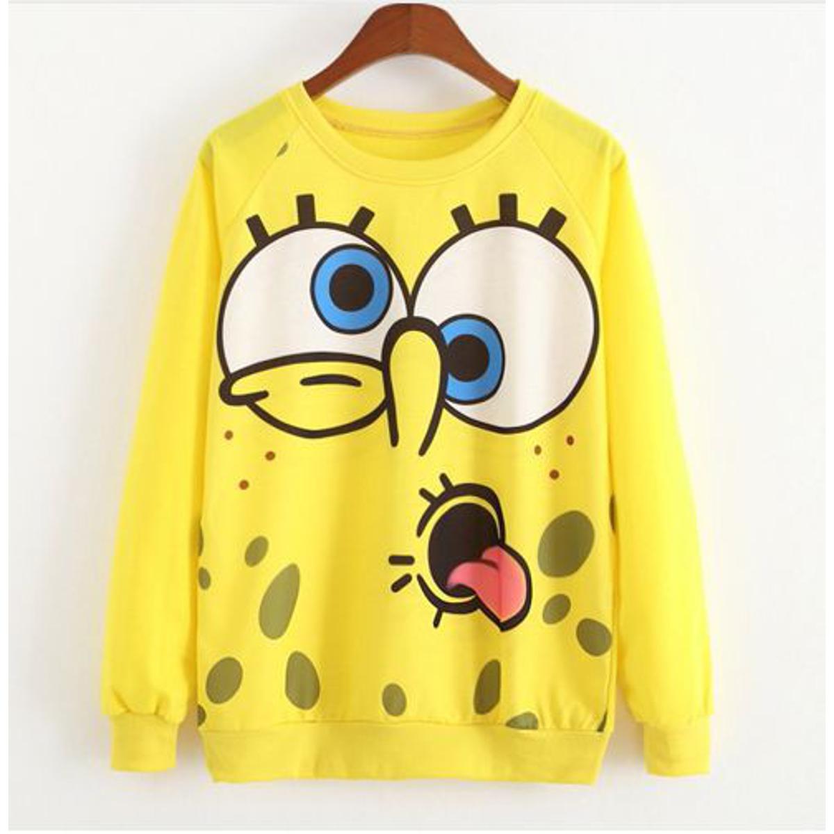 Yellow Spongebob  Printed Fleece Full Sleeves Pull Over Sweatshirt For Women