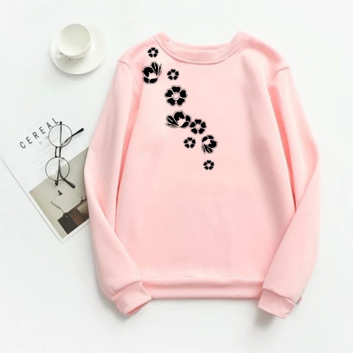 Pink Flower Fleece Full Sleeves Sweatshirt For Women