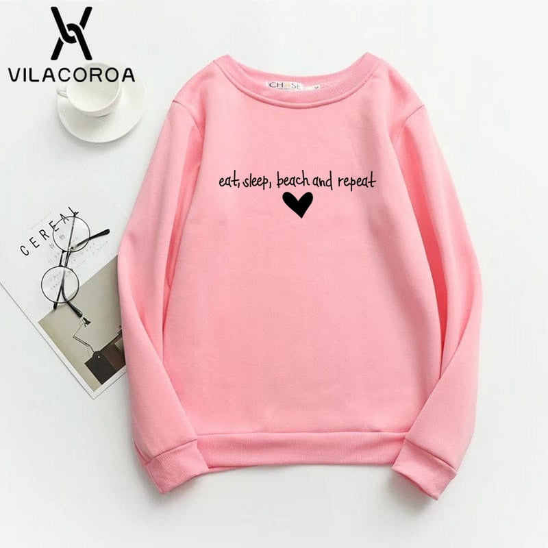 Eat Sleep Beach Repeat Printed Fleece Full Sleeves Pull Over Sweatshirt For Women