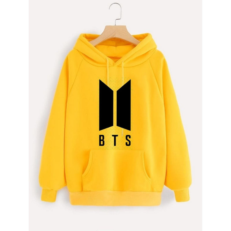 Yellow BTS Fleece Full Sleeves Pull Over Hoodie For Women