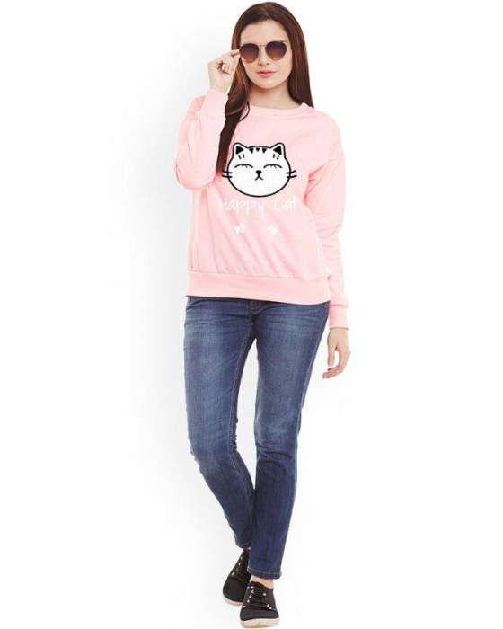 Pink Happy Cat Printed Sweat Shirt For Women - AceCart Warm Hooded Sweatshirt in Pink