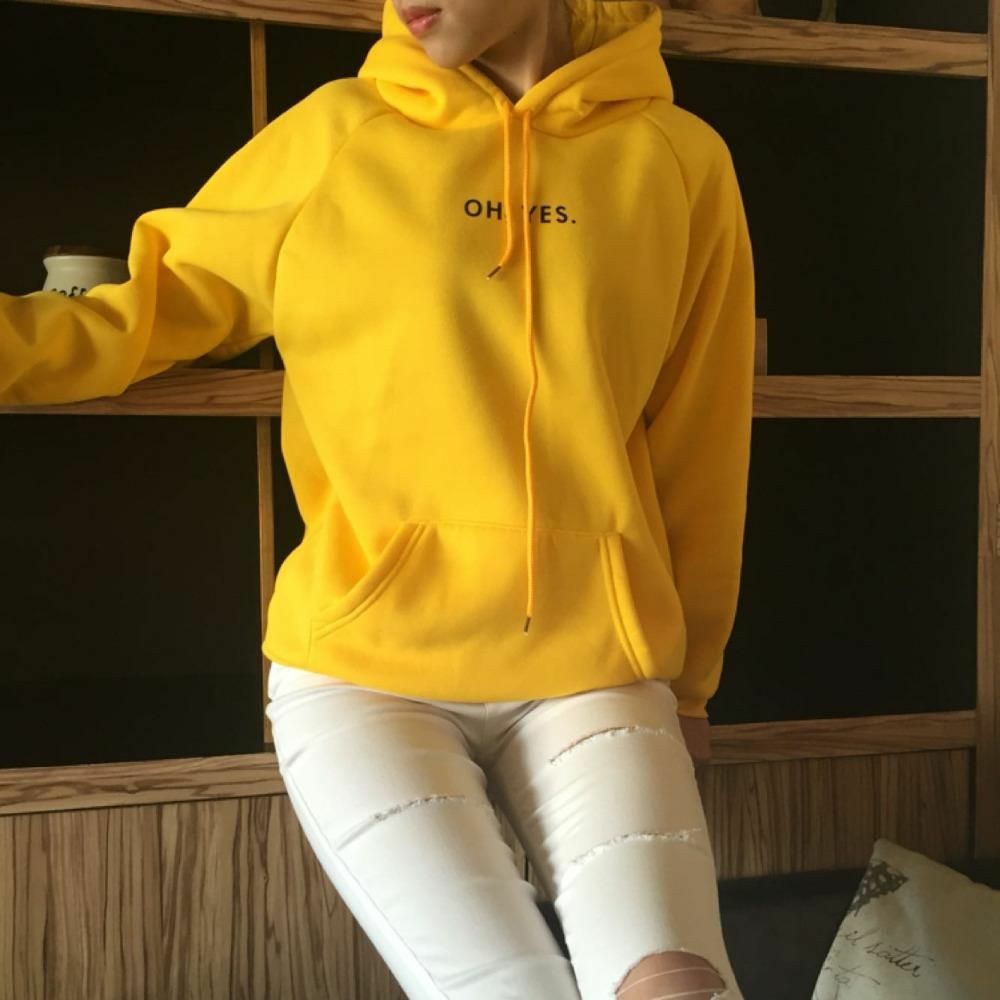 Yellow Oh Yes Fleece Full Sleeves Pull Over Hoodie For Women