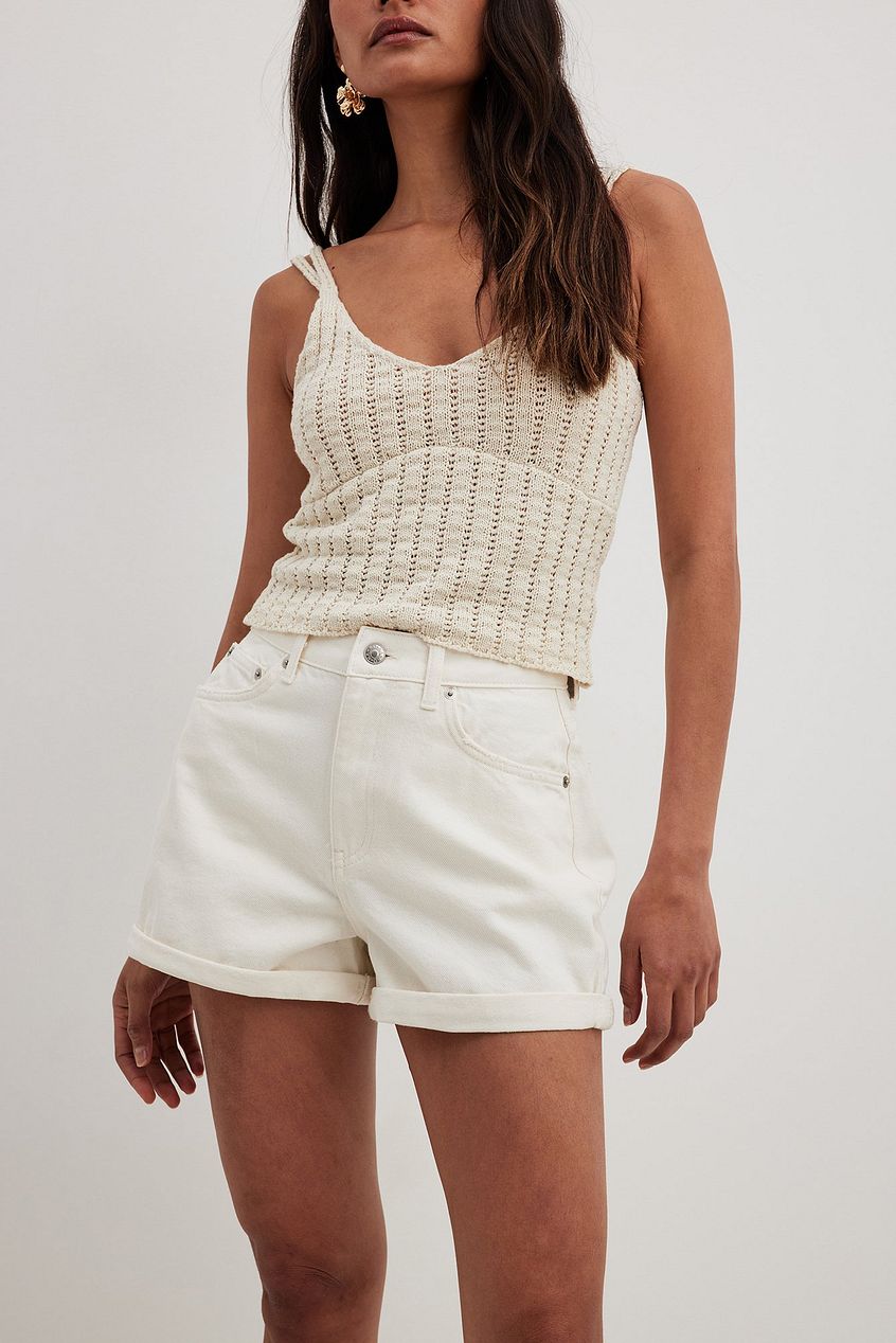 Fold Up Denim Shorts White - Front View - AceCart